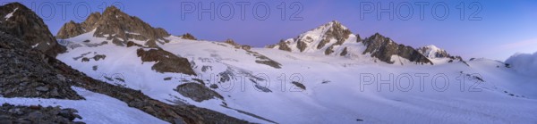 High alpine mountain landscape at sunset, Glacier du Tour, glacier and mountain peak, summit of the