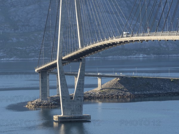 Helgeland bridge, connecting Sandnessjøen with the norwegian mainland, camper van on bridge,