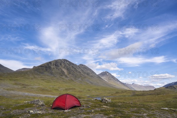 Tent in mountain landscape, Sarek National Park, World Heritage Laponia, Norrbotten, Lapland,