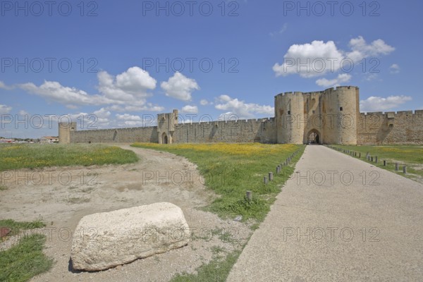 Historic city fortifications and city walls, from right, Porte des Moulin, Porte de L'Organeau,