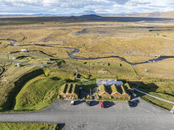 Mödrudalur farm and guesthouse northwest of Egilsstadir, aerial view of church, restaurant and