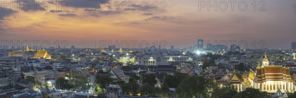 Panorama from Golden Mount to the illuminated Wat Ratchabophit, Wat Rachapradit, Wat Pho, Wat Arun,
