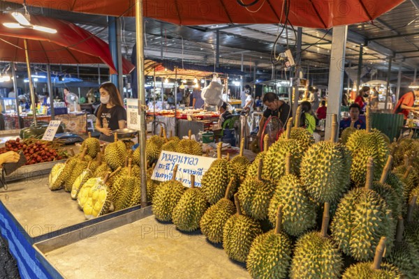 Durian fruit stall at the night market in Trat, Thailand, Asia