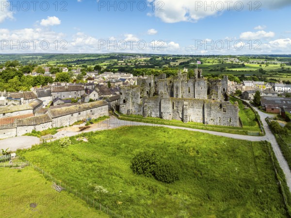 Middleham Castle from a drone, Middleham, Wensleydale, North Yorkshire, England, United Kingdom,