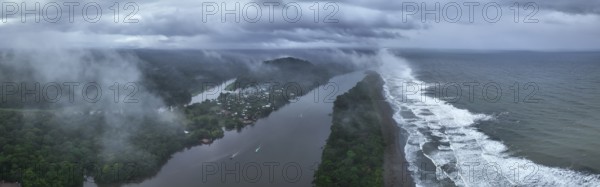 Aerial view, beach and sea, coast with rainforest, Tortuguero National Park, Costa Rica, Central