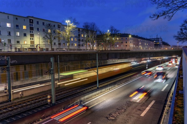 The Hausackerbrücke, inner-city road bridge over the A40 motorway and the U18 light rail line,