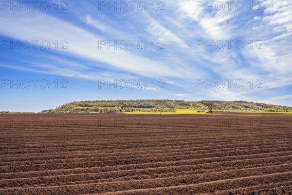 Plowed field in the countryside by a table mountain that is part of the Unesco geopark, Ålleberg,
