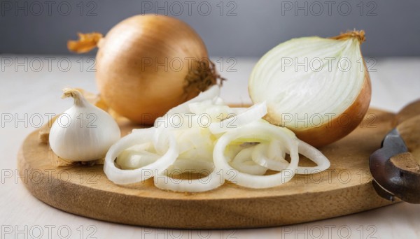 Vegetables, onion, Allium cepa, freshly sliced onion rings and finely chopped onion on a wooden