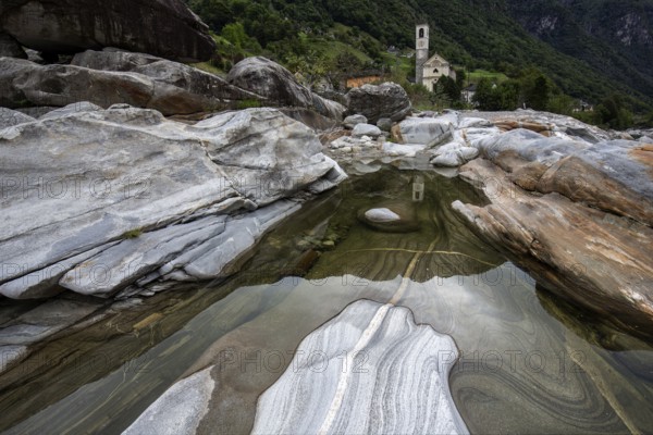 Rocks in the Verzasca River, behind Lavertezzo, Verzasca Valley, Valle Verzasca, Canton Ticino,