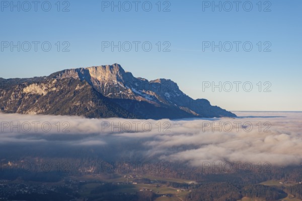 High fog cover over the valley basin of Berchtesgaden, above the Untersberg, Berchtesgaden Alps,