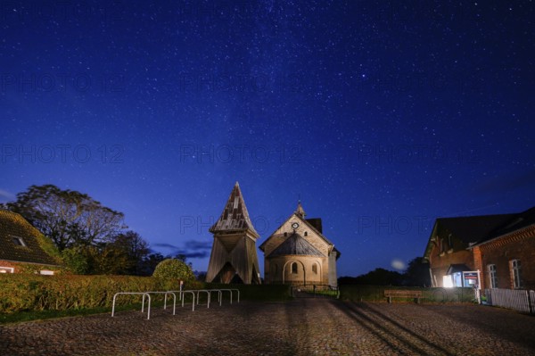 St Salvator's Old Church at night, starry sky, Klostermitteldeich, Pellworm Island,