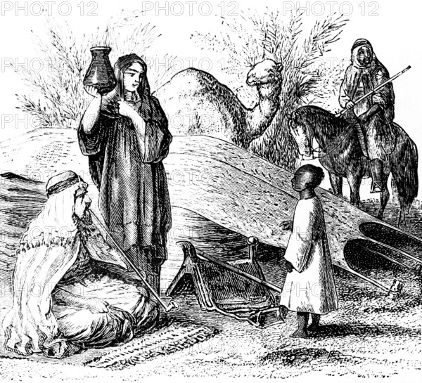 Nomadic Arabs, family with father, mother, child, traveller, camels, carpet, jug, tent, Arab