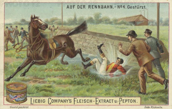 Series of pictures At the racecourse, The rider is thrown off and lands in the ditch, Liebig