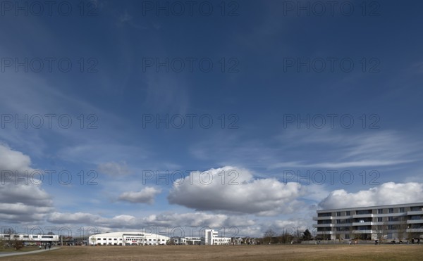 Shopping centre and new-build flats in the new Hubland district, Würzburg, Lower Franconia,