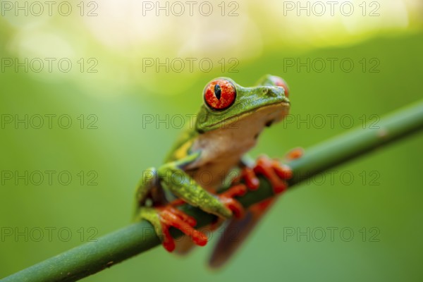 Red-eyed tree frog (Agalychnis callidryas), sitting on a stem, Heredia province, Costa Rica,