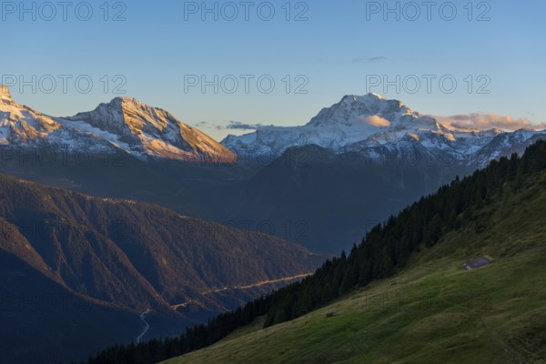 Bettmeralp with view of the Rhone valley, evening mood, alpenglow, tourism, travel, Valais,