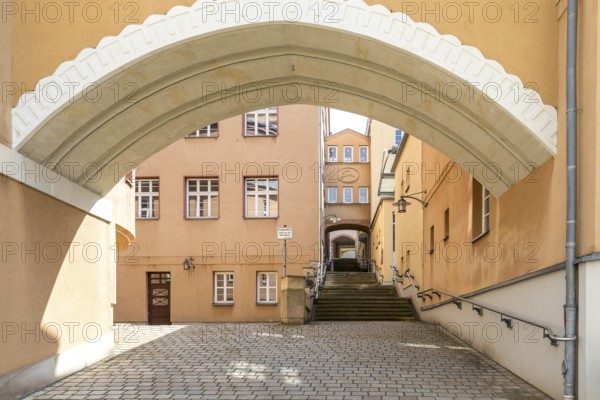 Archway at the New Town Hall with stairs at the portico, the passageway to the