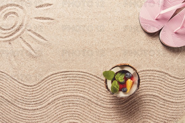 Abstract background, Summer wallpaper, drawing on sand, sea waves and sun, coconut with summer