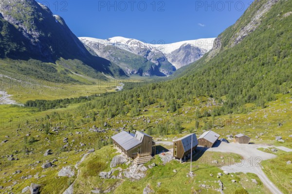 Aerial view of tourist cabin Tungestølen at the glacier Jostedalsbreen, valley Langedalen in the