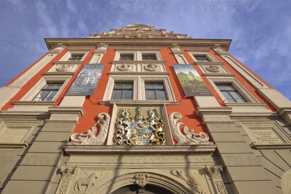 City coat of arms with decorations and year 1574 and view upwards, Renaissance, red, historic,