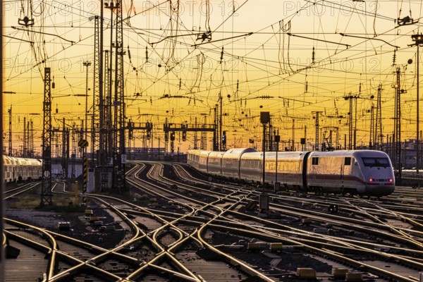 Track apron with trains, rails, points, pylons and signalling systems. Infrastructure at the main
