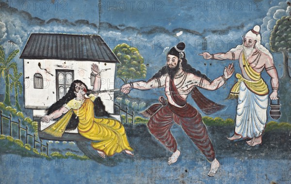 Mural painting representing the hindu god Parashurama, the 6° avatar of Vishnu. He is killing his