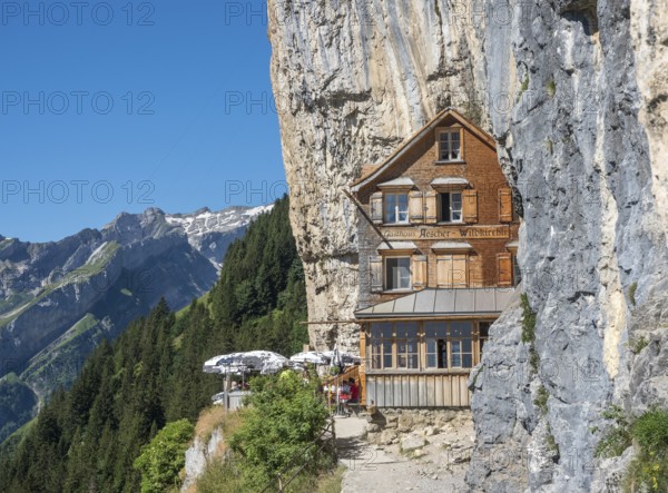 Ebenalp, Guest house Aescher, Wildkirchli under the Ascher cliff, Ebenalp, Appenzell, Switzerland,