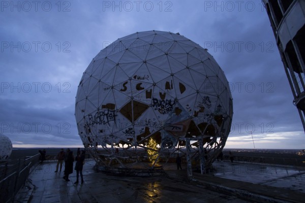 A Christmas tree stands inside a radar dome at the former listening station on the Teufelsberg,