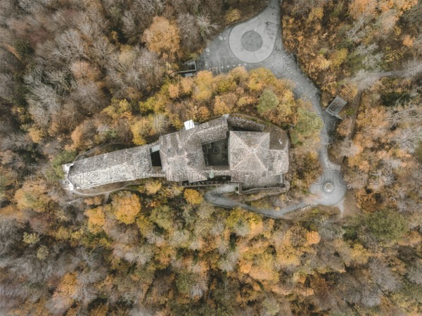 Aerial view of Hohenklingen Castle above Stein am Rhein on a foggy autumn day, Canton Schaffhausen,
