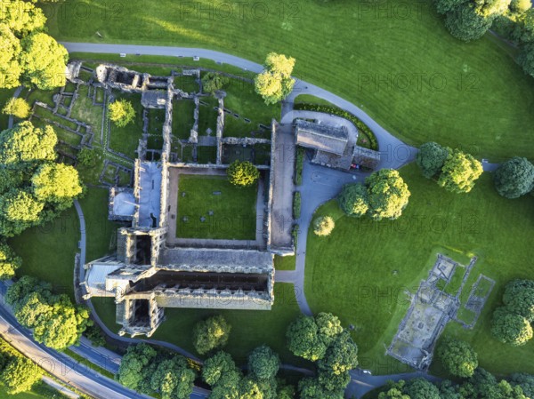 Top Down over Kirkstall Abbey from a drone, Kirkstall, River Aire, Leeds, West Yorkshire, England,