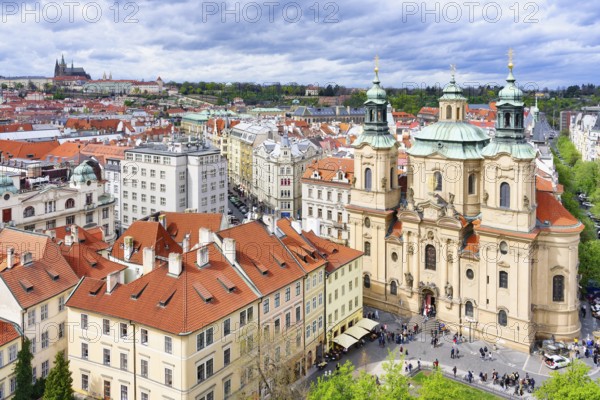 Aerial view of St. Nicholas Church, Castle and the Prague Cathedral, Prague, Bohemia, Czech