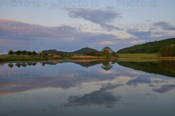 Lake with reflection in spring with castle at sunset, Veste Wachsenburg, Amt Wachsenburg, Drei