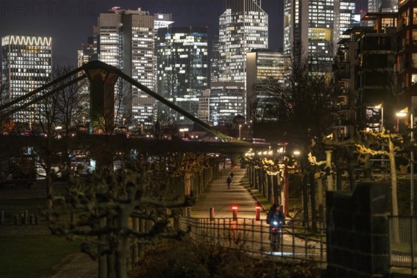Skyline of the city centre of Frankfurt am Main, cyclist with light on the cycle path, pavement,