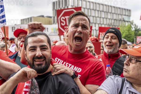 Demonstration by many thousands of steelworkers in front of the ThyssenKrupp headquarters in Essen