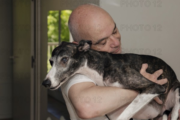 Portrait of a mature man cradling a greyhound dog in his arms at home, sharing an affectionate