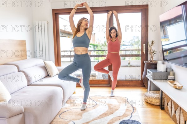 Two sporty girls practicing yoga and meditation in the living room, following an online class on