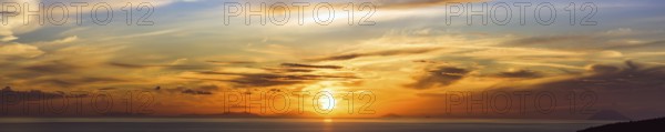 Panorama of Sunset over Aeolian Islands and Stromboli Volcano from Nicotera, Aeolus, Sicily,