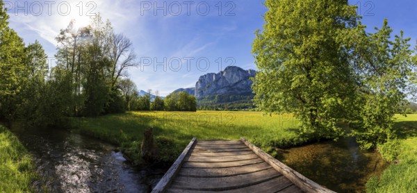 Fuschler Ache and spring flower meadow with Drachenwand, Mondseeland, Salzkammergut, Upper Austria,