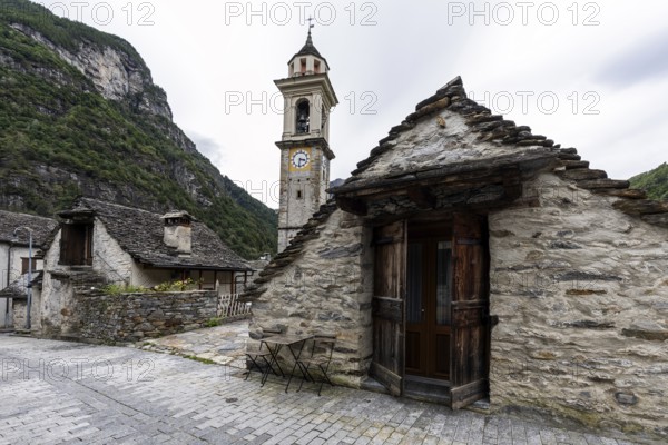Typical Ticino stone houses and church in the village of Sonogno, Verzasca Valley, Valle Verzasca,
