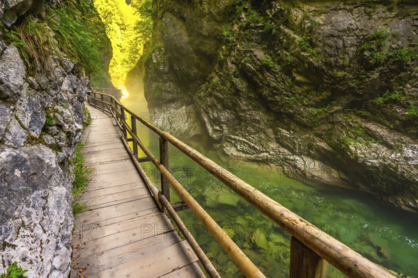 Scenic wooden walkway winds through vintgar gorge, showcasing stunning emerald waters and lush