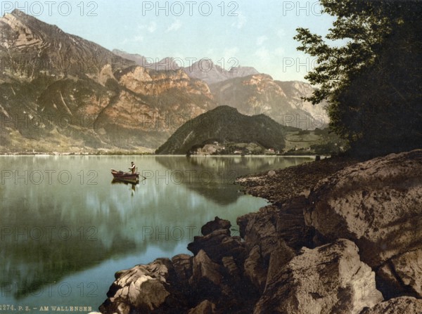 Wallenstadt Lake, and view of the town, St. Gall, Switzerland, Historic, digitally restored