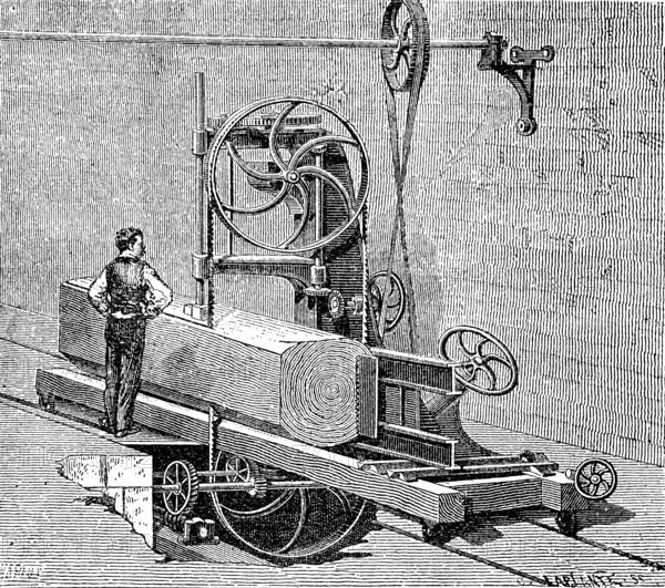 Sawmill, woodworking, band saw from 1880, historical, digital reproduction of an original from the