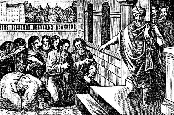 Joseph's brothers come to the land of Pharaoh in Egypt to buy grain and are thrown into prison,