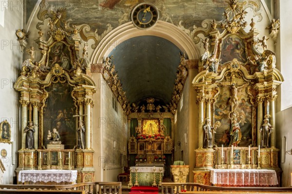 Interior of the monastery church of the Annunciation with main altar and side altars, Baroque,