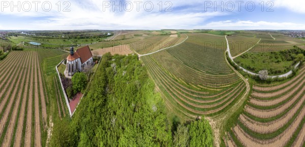Panoramic aerial view of church 'Maria im Weingarten' near Volkach, Bavaria, franconia, Germany,