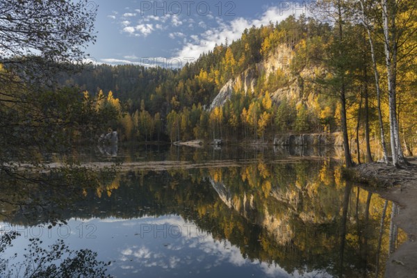 Adršpašské pond, lakeshore with trees and rocks on a sunny day in autumn, Dolní Adršpach, 549 57