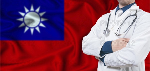 Taiwan Health Care Concept. Male Doctor on Taiwan Flag. Doctor With Crossed Arms on Taiwan Flag