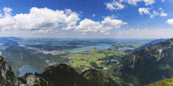 Panorama from the Säuling, 2047m, on Füssen, Hopfensee, Forggensee and Bannwaldsee, Ostallgäu,