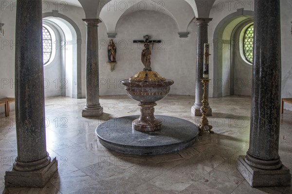 Baptistery, parish church, baroque basilica St. Mang, interior view, Füssen, Ostallgäu, Allgäu,
