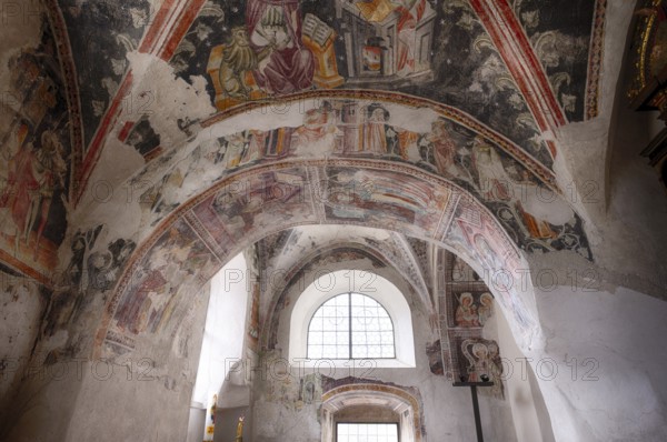 Interior, Romanesque frescoes, Old Parish Church of the Assumption of the Virgin Mary, Scena, South